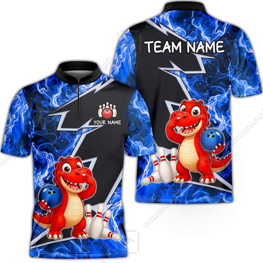 Custom Bowling Jersey Polo Shirt, Fire Lightning Dino Strike, Custom Bowling Jersey Team Shirt For Players With Name and Team Name