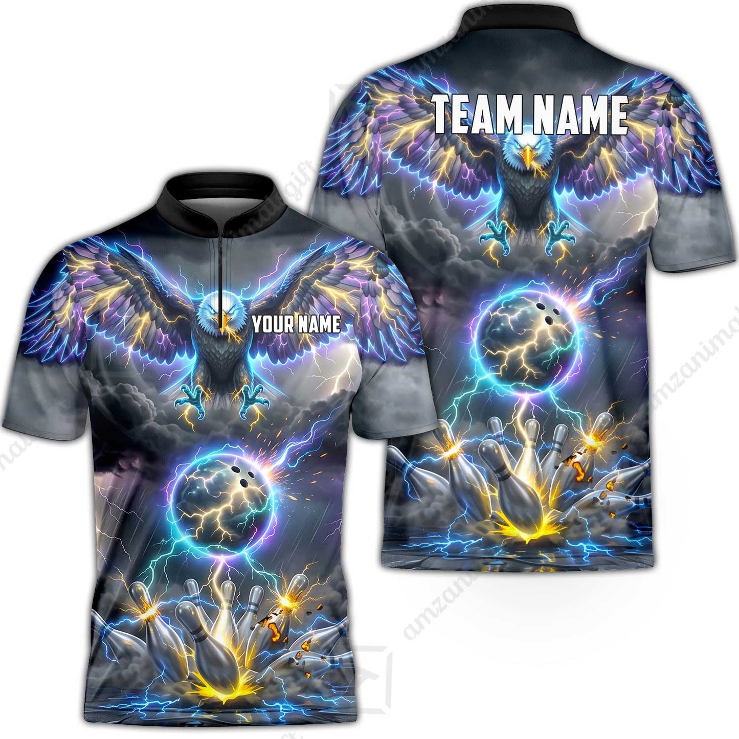 Custom Bowling Jersey Polo Shirt, Majestic Electric Lightning Eagle, Custom Bowling Jersey Team Shirt For Players With Name and Team Name