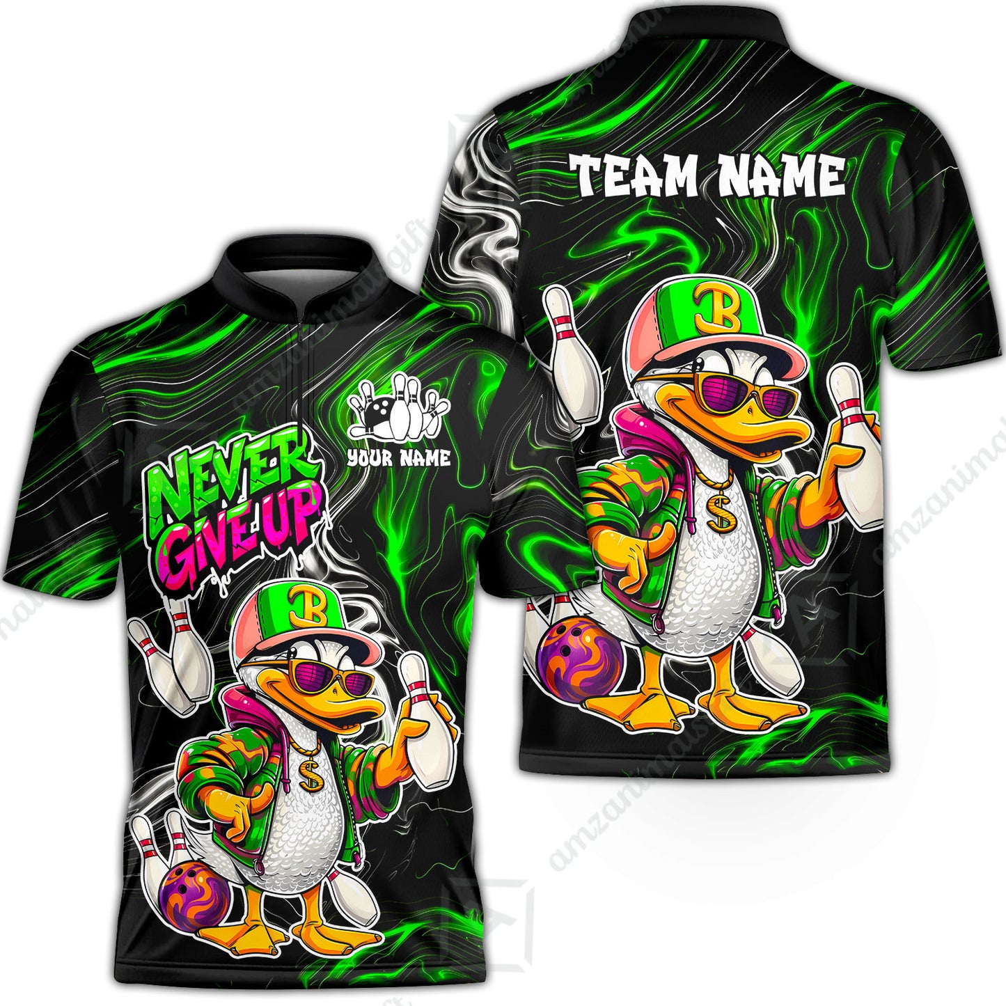 Custom Bowling Jersey Polo Shirt, Duck Never Give Up, Custom Bowling Jersey Team Shirt For Players With Name & Team Name