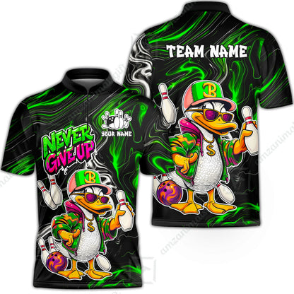 Custom Bowling Jersey Polo Shirt, Duck Never Give Up, Custom Bowling Jersey Team Shirt For Players With Name & Team Name