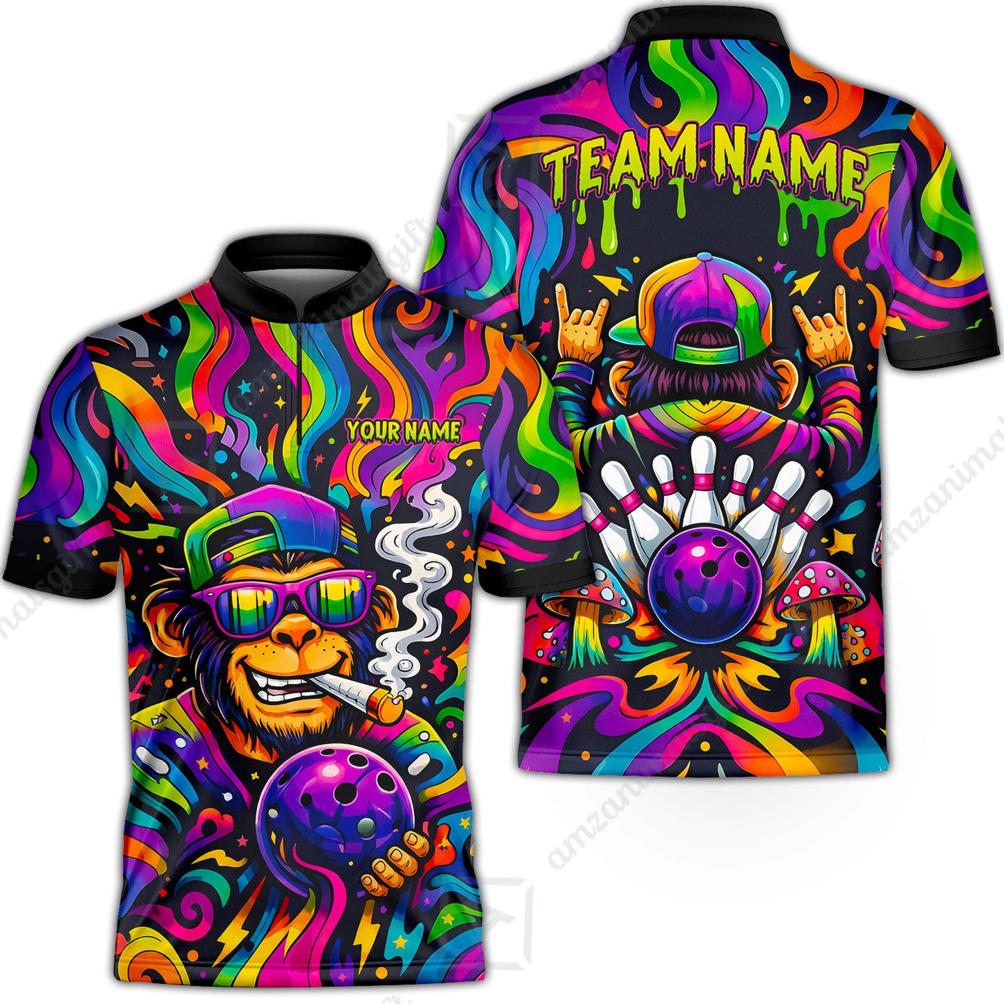 Custom Bowling Jersey Polo Shirt, Psychedelic Trippy Smoking Chimp, Custom Bowling Jersey Team Shirt For Players With Name and Team Name