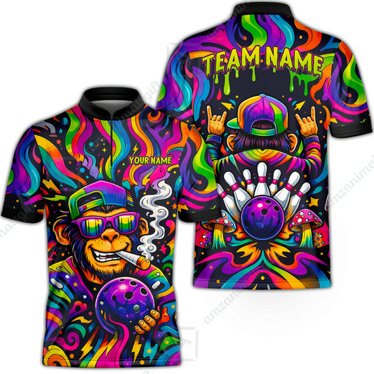 Custom Bowling Jersey Polo Shirt, Psychedelic Trippy Smoking Chimp, Custom Bowling Jersey Team Shirt For Players With Name and Team Name