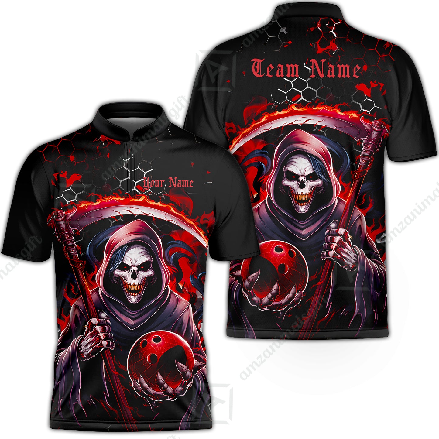 Custom Bowling Jersey Polo Shirt, Red Reaper, Personalized Name And Team Name