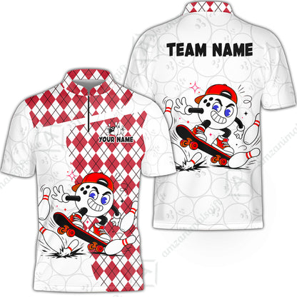 Custom Bowling Jersey Polo Shirt, Skateboarder Bowling Ball Mascot, Custom Bowling Jersey Team Shirt For Players With Name and Team Name