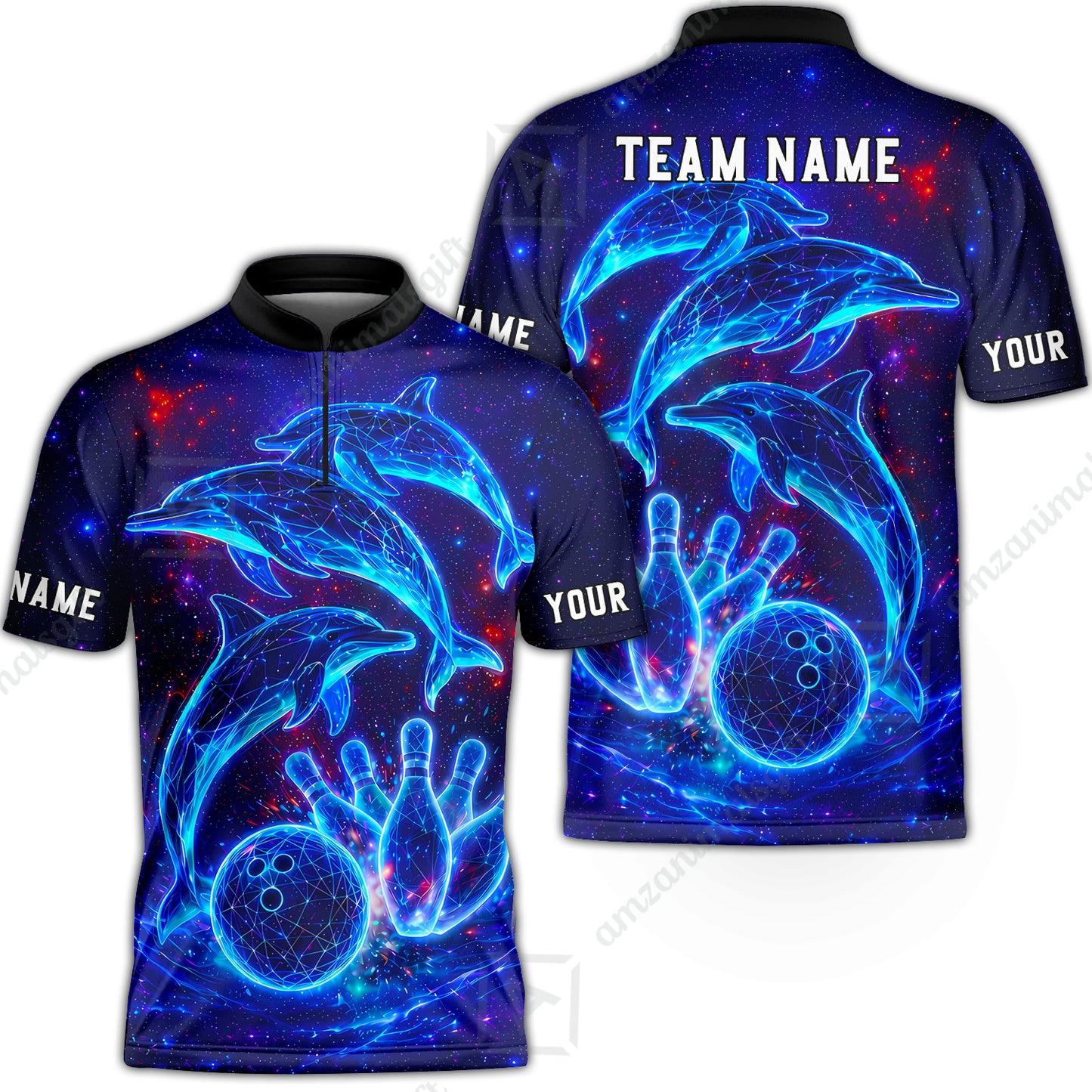 Customized Bowling Shirt, Cosmic Dolphin, Personalized Polo Shirt For Players With Name & Team Name
