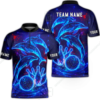 Customized Bowling Shirt, Cosmic Dolphin, Personalized Polo Shirt For Players With Name & Team Name