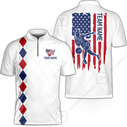 Custom Bowling Jersey Polo Shirt, Patriotic Argyle USA Flag Bowler, Custom Bowling Jersey Team Shirt For Players With Name & Team Name