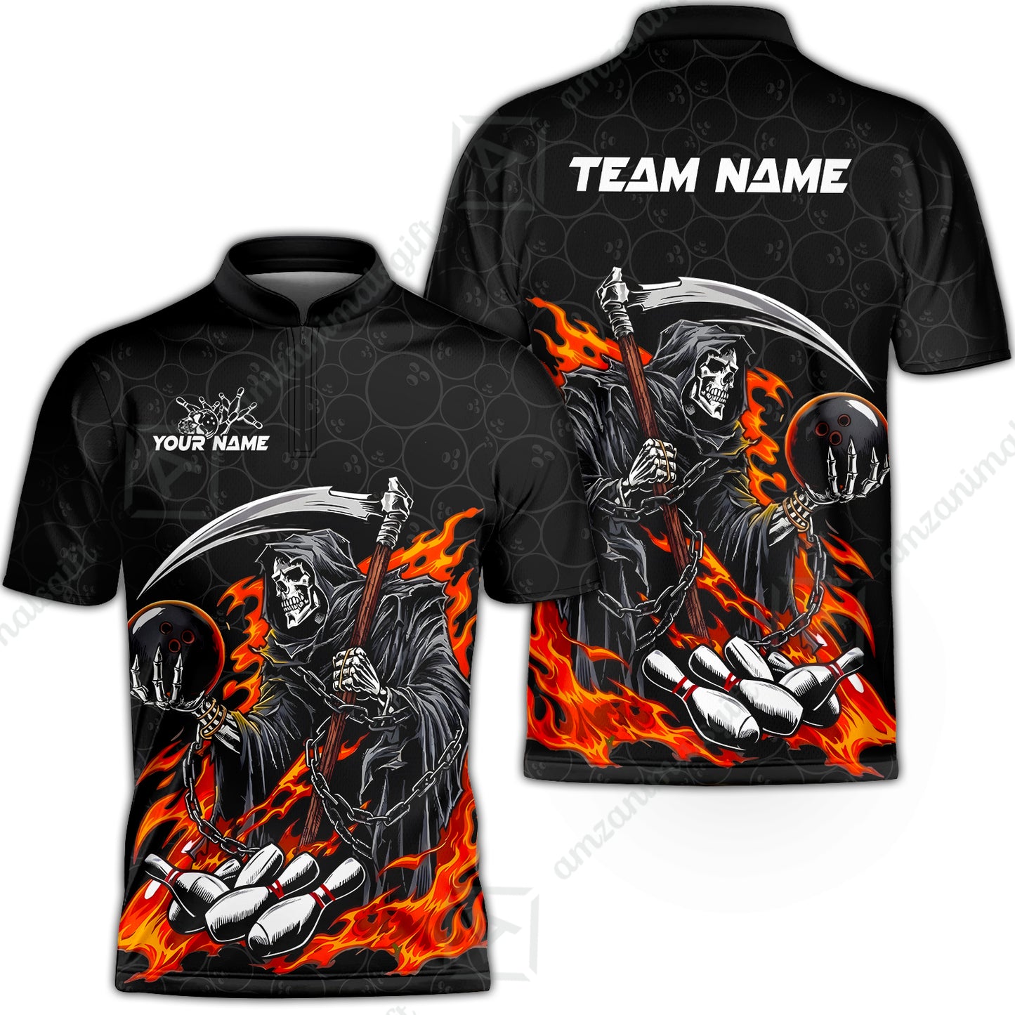 Custom Bowling Jersey Polo Shirt, Grim Reaper Holding Ball, Personalize Name and Team Name