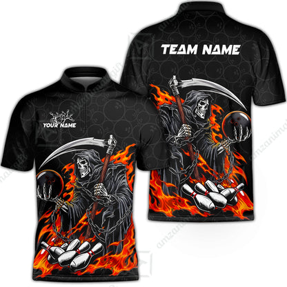 Custom Bowling Jersey Polo Shirt, Grim Reaper Holding Ball, Personalize Name and Team Name