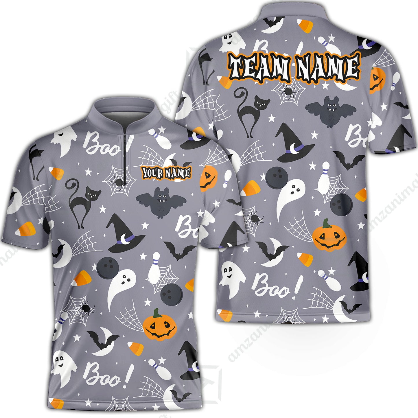Customized Bowling Shirt, Halloween Pattern Bowling And Pin Boo Cat Ghost Bat Pumpkin, Personalized Polo Shirt For Players With Name & Team Name