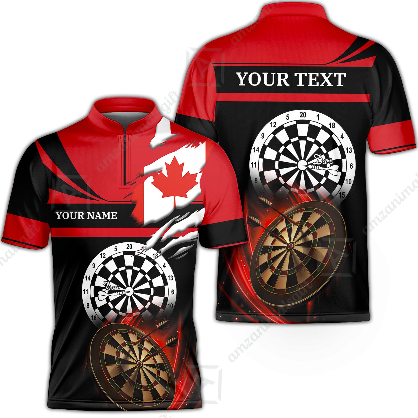 Customized Name & Text Darts Quarter-Zip Polo Shirt, Canada Flag Personalized Name Darts Quarter-Zip Polo Shirt