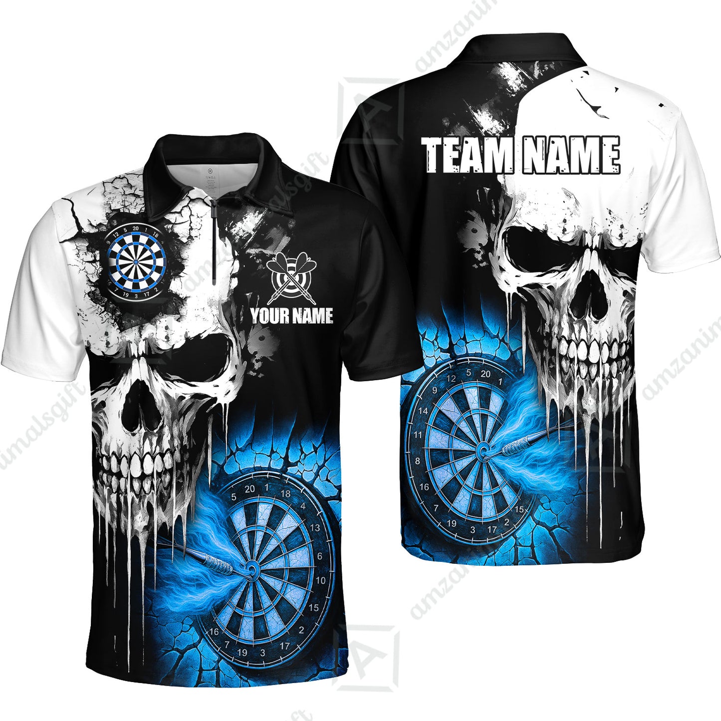 Custom Grunge Skull Crack Wall Darts Team Quarter-Zip Polo Shirts, Customized Name Team Name Darts Polo Team Jerseys Uniform