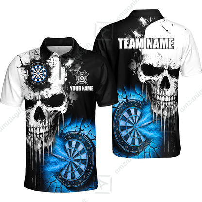 Custom Grunge Skull Crack Wall Darts Team Quarter-Zip Polo Shirts, Customized Name Team Name Darts Polo Team Jerseys Uniform