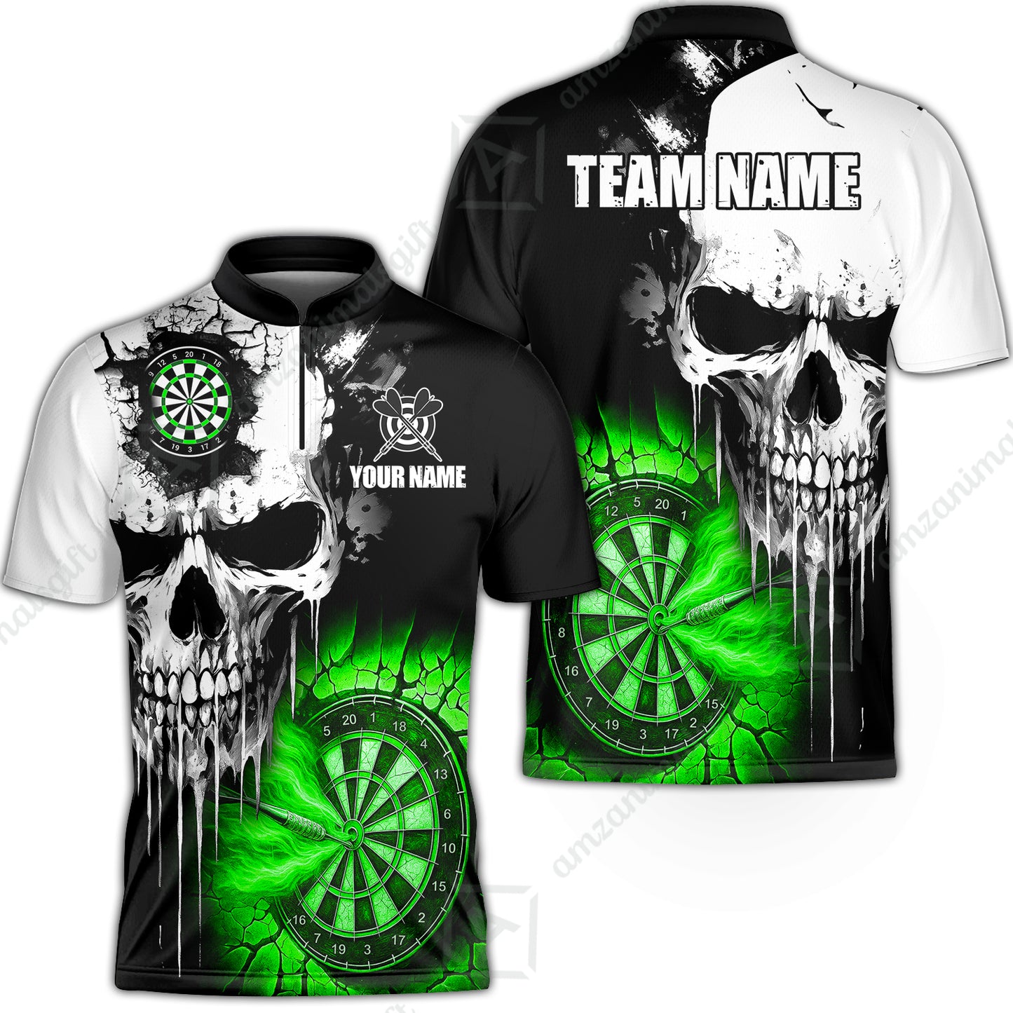 Custom Grunge Skull Crack Wall Darts Team Stand Collar Quater-Zip Shirts, Custom Darts Team Jerseys Uniform