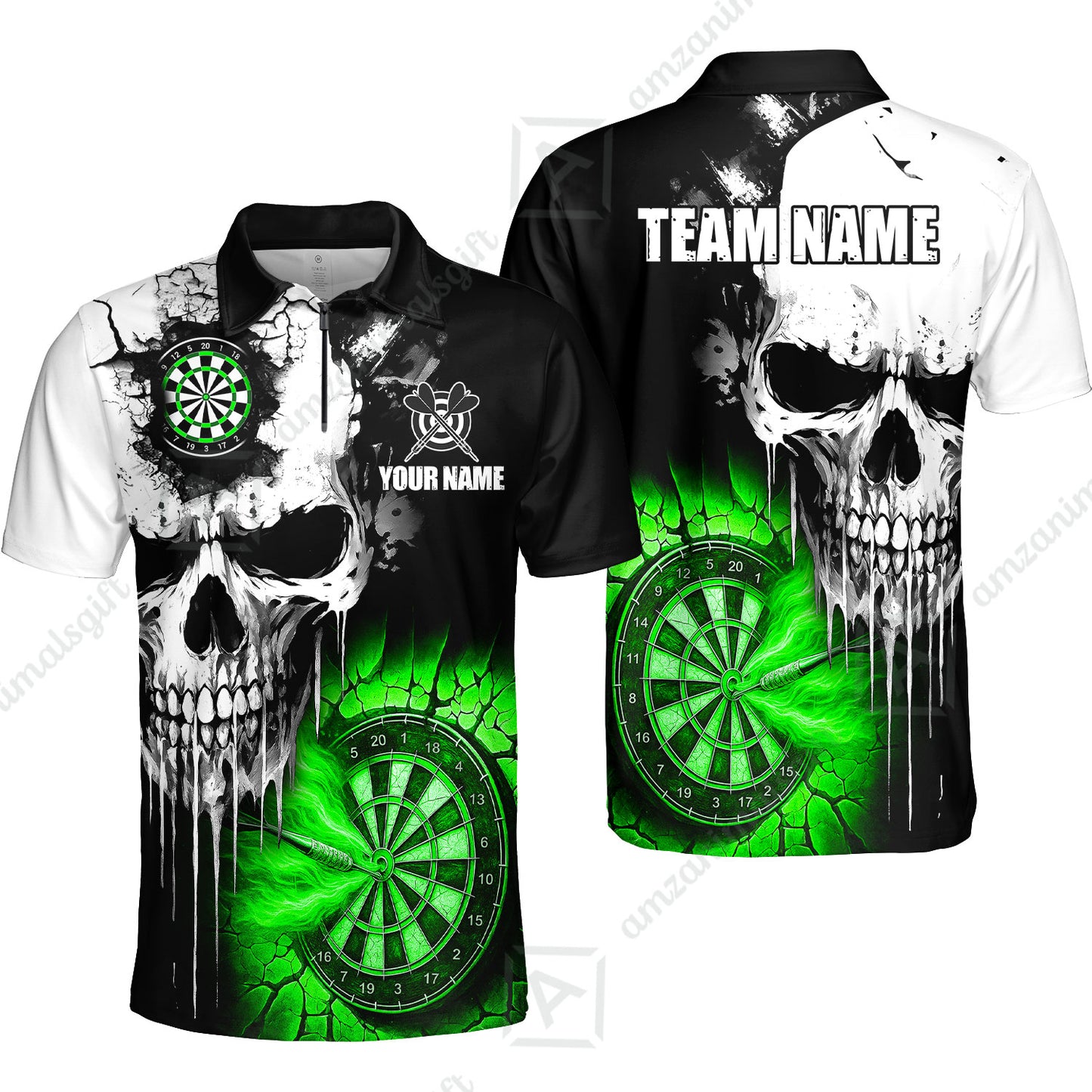 Custom Grunge Skull Crack Wall Darts Team Quarter-Zip Polo Shirts, Customized Name Team Name Darts Polo Team Jerseys Uniform