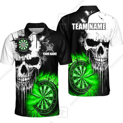 Custom Grunge Skull Crack Wall Darts Team Quarter-Zip Polo Shirts, Customized Name Team Name Darts Polo Team Jerseys Uniform