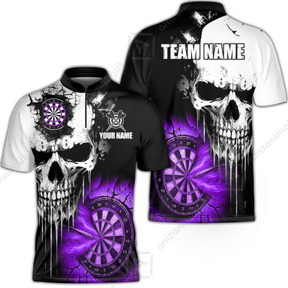 Custom Grunge Skull Crack Wall Darts Team Stand Collar Quater-Zip Shirts, Custom Darts Team Jerseys Uniform