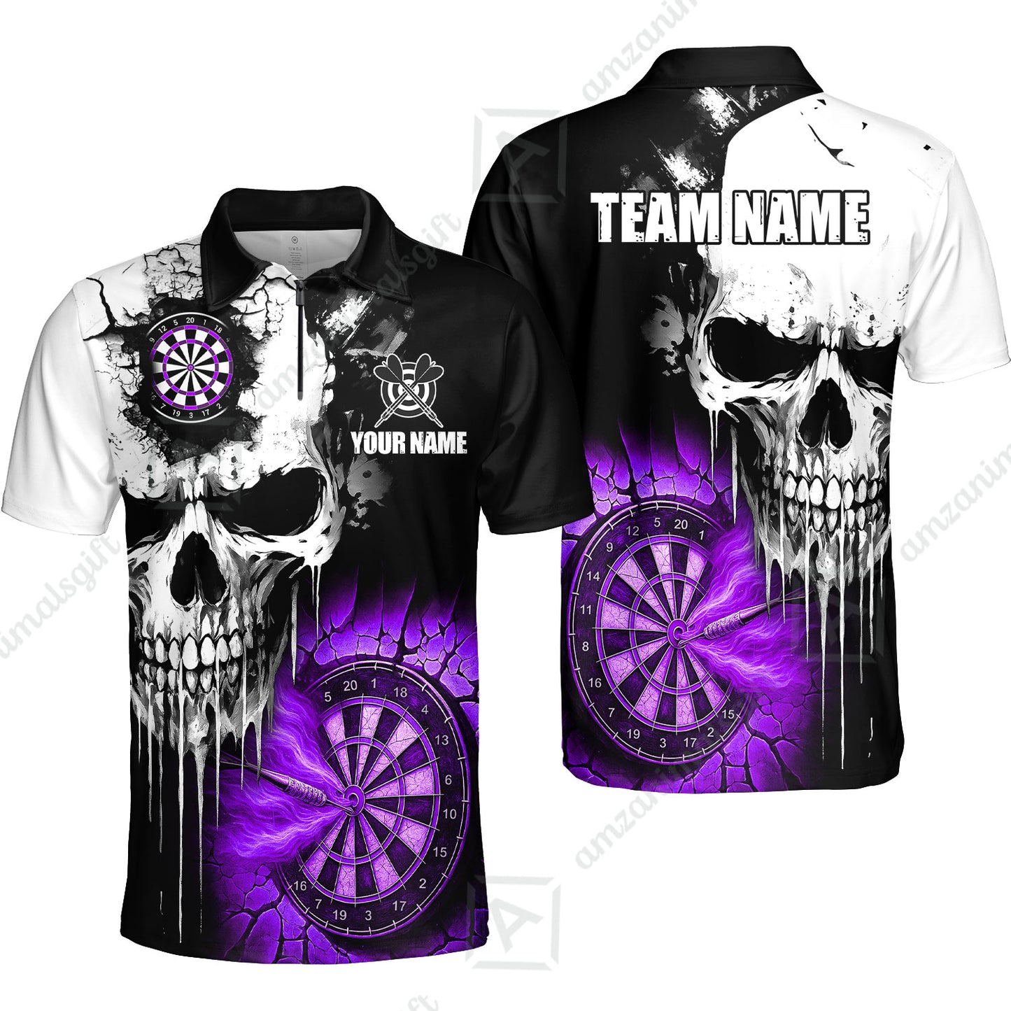 Custom Grunge Skull Crack Wall Darts Team Quarter-Zip Polo Shirts, Customized Name Team Name Darts Polo Team Jerseys Uniform