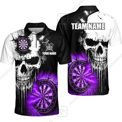Custom Grunge Skull Crack Wall Darts Team Quarter-Zip Polo Shirts, Customized Name Team Name Darts Polo Team Jerseys Uniform