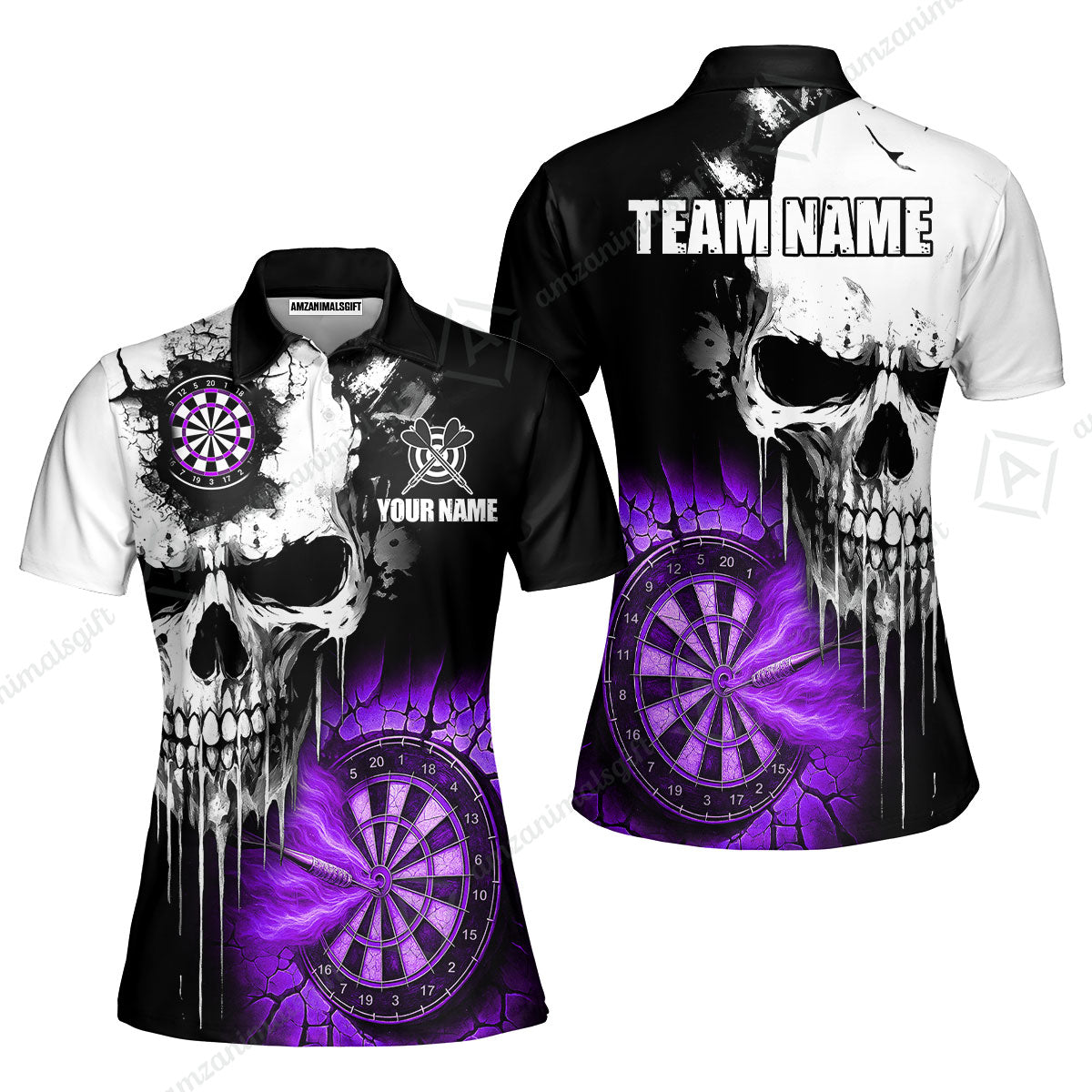 Custom Grunge Skull Crack Wall Darts Team Women Polo Shirts, Customized Name Team Name Darts Polo Team Jerseys Uniform