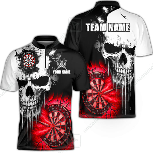 Custom Grunge Skull Crack Wall Darts Team Stand Collar Quater-Zip Shirts, Custom Darts Team Jerseys Uniform