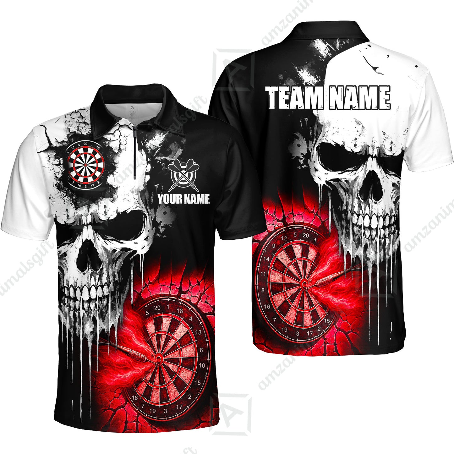 Custom Grunge Skull Crack Wall Darts Team Quarter-Zip Polo Shirts, Customized Name Team Name Darts Polo Team Jerseys Uniform