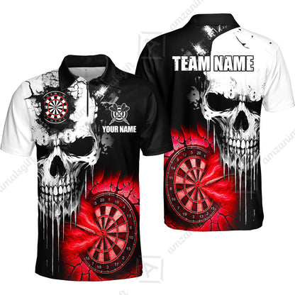 Custom Grunge Skull Crack Wall Darts Team Quarter-Zip Polo Shirts, Customized Name Team Name Darts Polo Team Jerseys Uniform