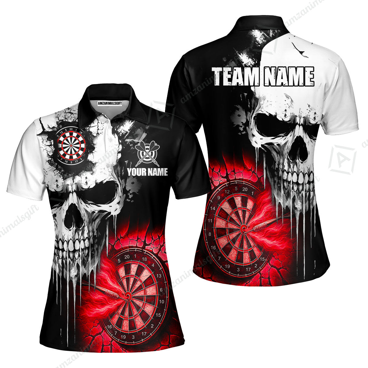 Custom Grunge Skull Crack Wall Darts Team Women Polo Shirts, Customized Name Team Name Darts Polo Team Jerseys Uniform