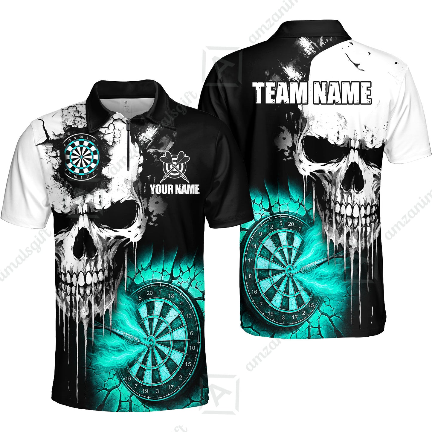 Custom Grunge Skull Crack Wall Darts Team Quarter-Zip Polo Shirts, Customized Name Team Name Darts Polo Team Jerseys Uniform