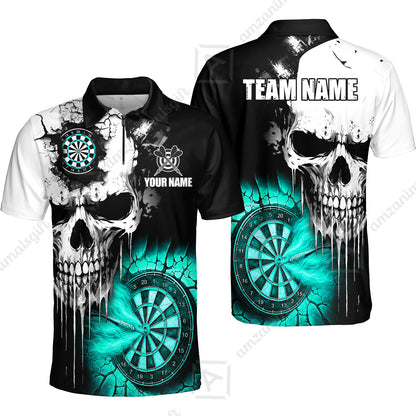 Custom Grunge Skull Crack Wall Darts Team Quarter-Zip Polo Shirts, Customized Name Team Name Darts Polo Team Jerseys Uniform