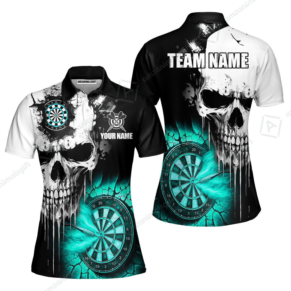 Custom Grunge Skull Crack Wall Darts Team Women Polo Shirts, Customized Name Team Name Darts Polo Team Jerseys Uniform