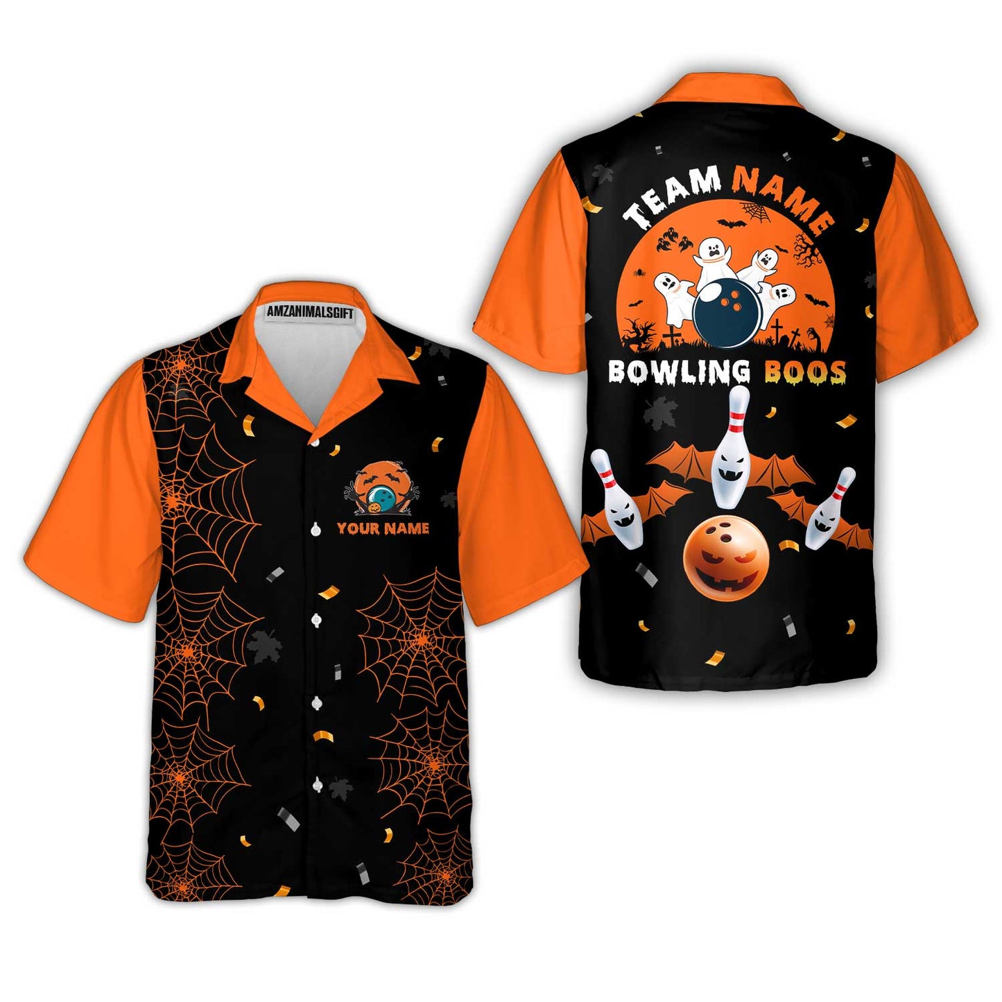Customized Bowling Ball Halloween Moon Hawaiian Button Up Shirts, Bowling uniforms Bowling And Boos Funny Halloween Ghost Quarter-Zip Polo Shirts