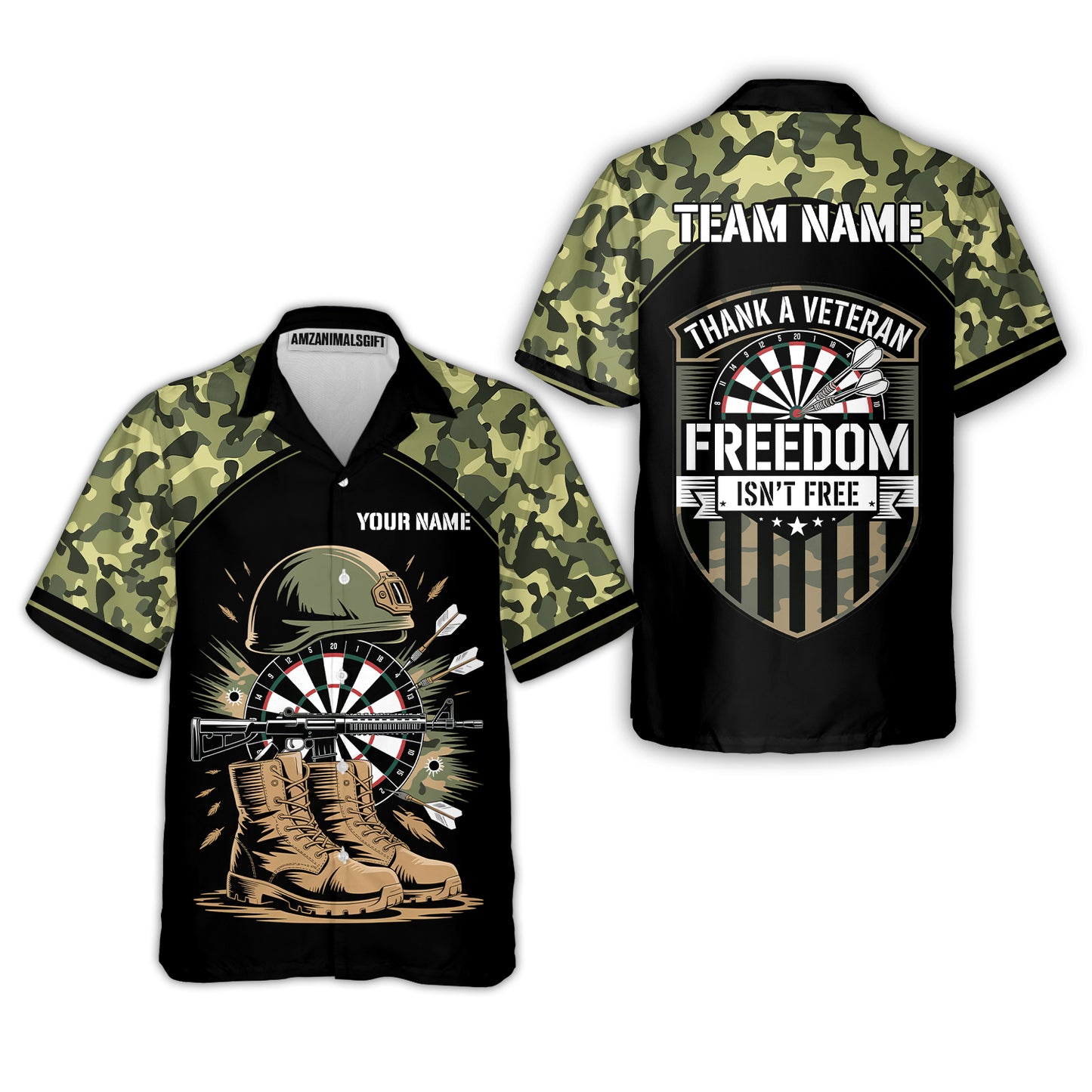 Custom Military Green Camouflage Dartboard Collar Quater-Zip Jersey Team Shirts, Customized Name Team Name Darts Team Jerseys Uniform