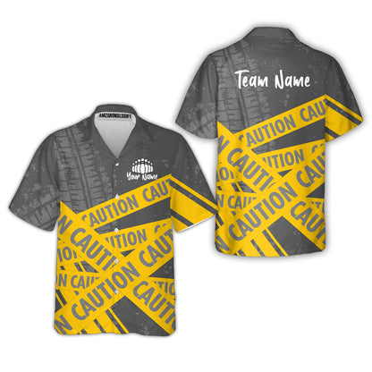 Custom Caution tape Bowling Team Jerseys Polo Shirts, Bright Yellow CAUTION Tape Bowling uniforms - Bowling Personalized Name And Team Name