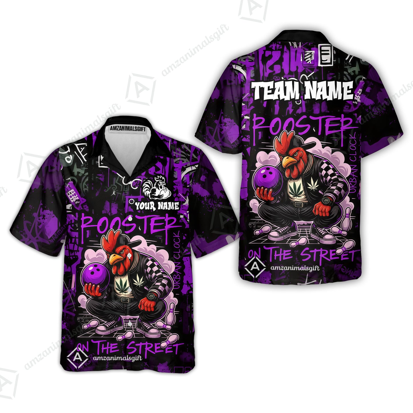 Customized Bowling Unisex Polo Shirt, Urban Streetwear Chicken Bowling Rooster On The Street, Personalized Name Team Name