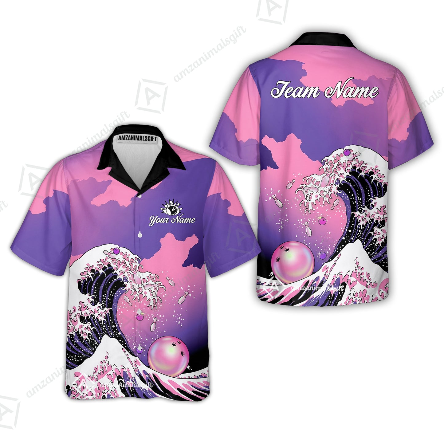 Custom Bowling Polo Shirt, Ocean Wave Bowling, Custom Bowling Polo Team Shirt For Players With Name & Team Name