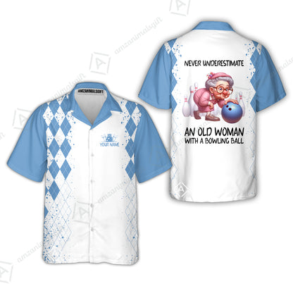 Custom Bowling Jersey Polo Shirt, Never Underestimate An Old Woman With A Bowling Ball, Personalized Name & Team Name