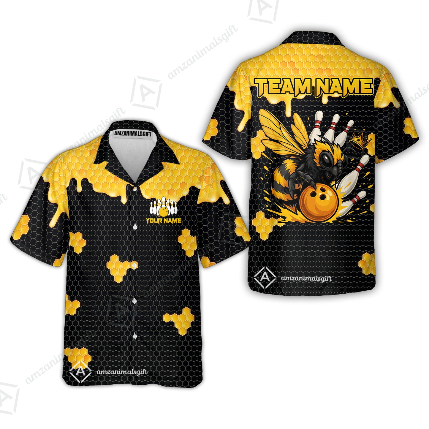Custom Bowling Jersey Polo Shirt, Golden Honeycomb Hornet, Custom Bowling Jersey Team Shirt For Players With Name and Team Name