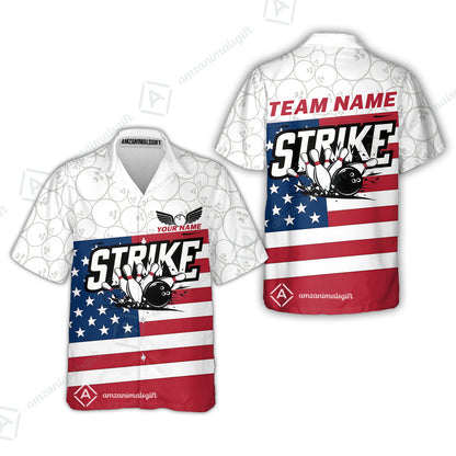Custom Bowling Jersey Polo Shirt, Classic American Flag Block Strike, Custom Bowling Jersey Team Shirt For Players With Name and Team Name