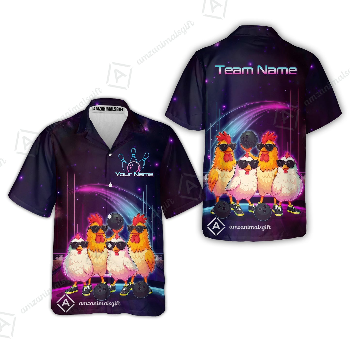 Custom Bowling Jersey Polo Shirt, Funny Cool Chickens Neon Cosmic, Custom Bowling Jersey Team Shirt For Players With Name & Team Name
