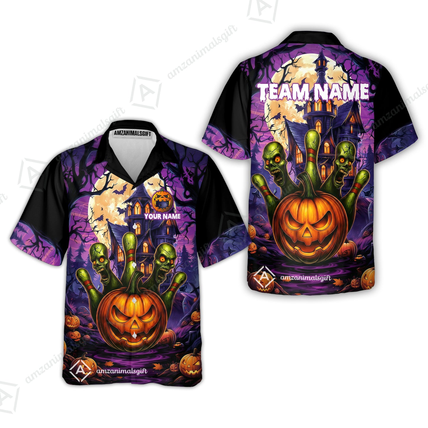 Custom Halloween Bowling Short Sleeve Men Polo Shirt, Halloween Pumpkin Zombie Pins Personalized Shirt with Name and Team Name, Custom Bowling Team Uniforms Jerseys