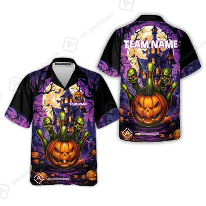 Custom Halloween Bowling Short Sleeve Men Polo Shirt, Halloween Pumpkin Zombie Pins Personalized Shirt with Name and Team Name, Custom Bowling Team Uniforms Jerseys