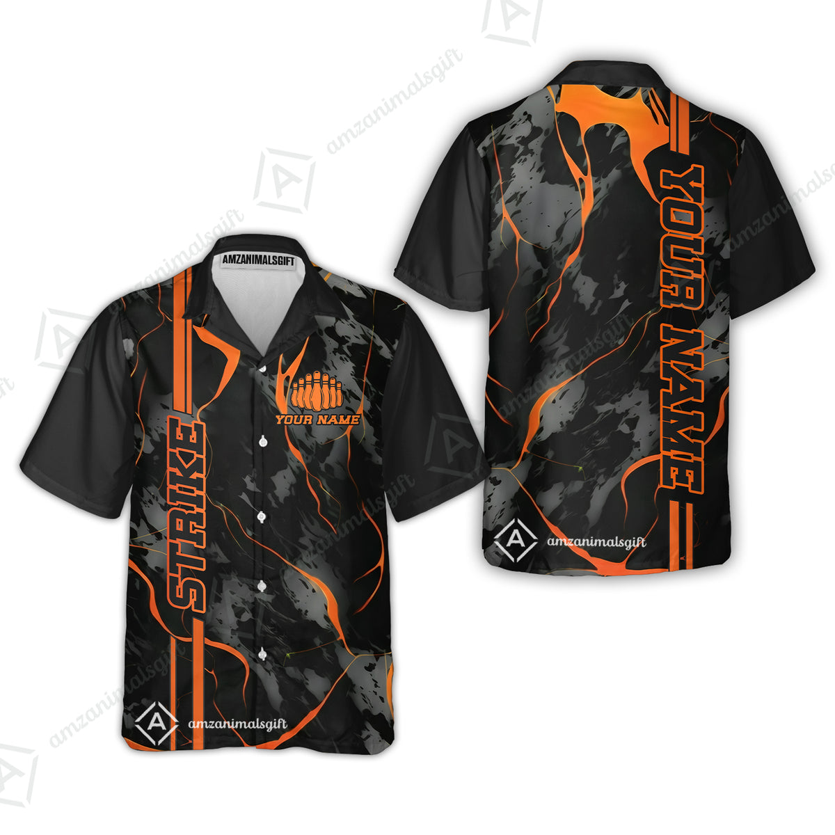 Custom Orange Strike, Bowling Shirts Men Polo Orange Camo, Bowling Team Jerseys
