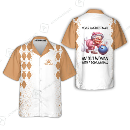 Custom Bowling Jersey Polo Shirt, Never Underestimate An Old Woman With A Bowling Ball, Personalized Name & Team Name
