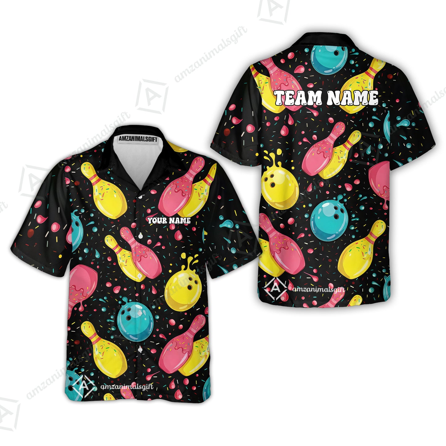 Customized Bowling Unisex Polo Shirt, Funny Colorful Donuts Bowling Pins and Ball, Personalized Name And Team Name