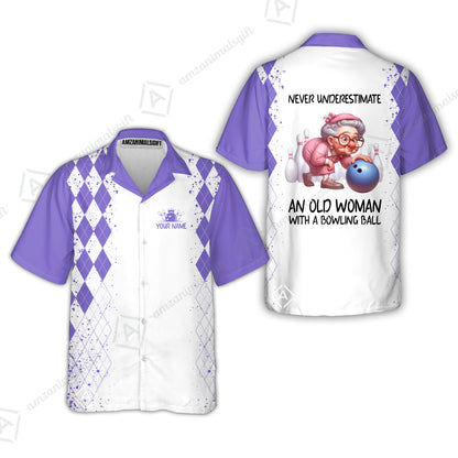 Custom Bowling Jersey Polo Shirt, Never Underestimate An Old Woman With A Bowling Ball, Personalized Name & Team Name