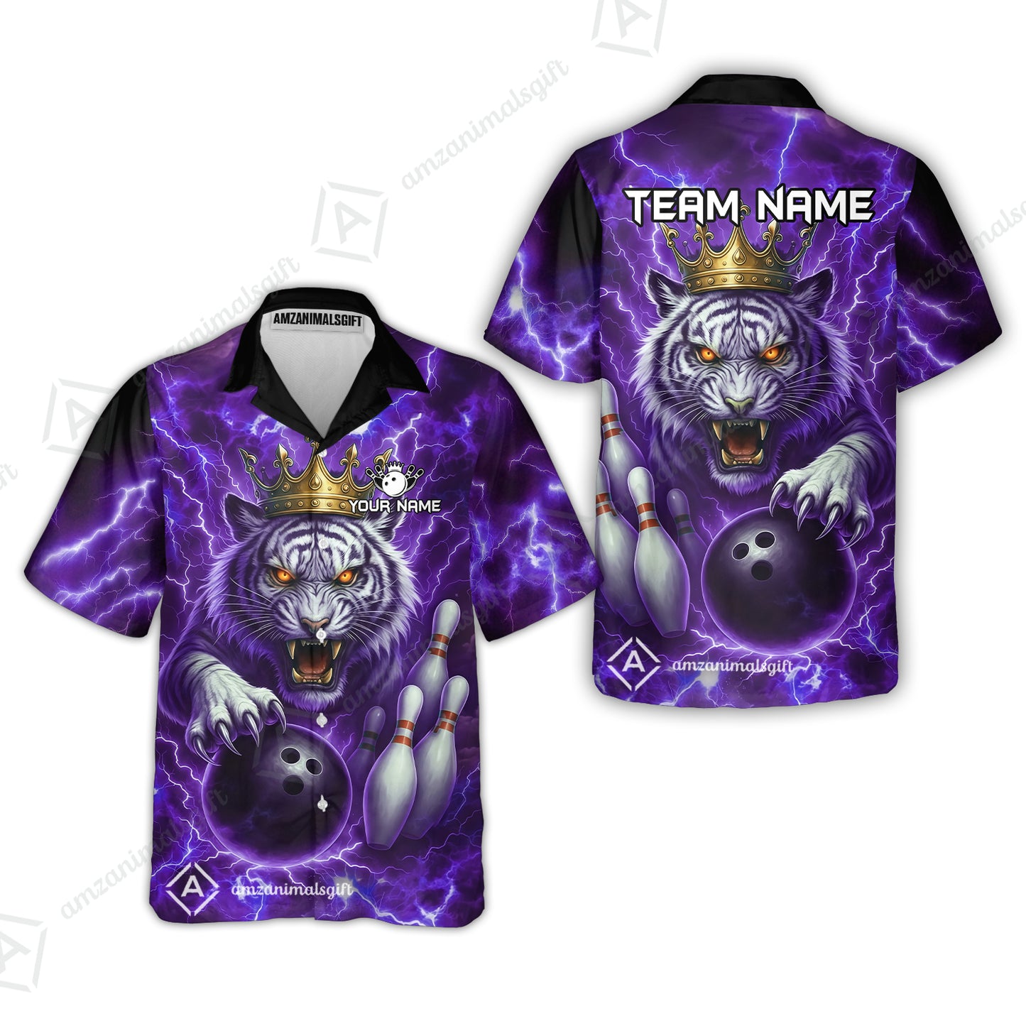Custom Bowling Team Quarter-Zip Polo Shirt, Bowling White Tiger Lighting Shirt, Personalized Team Shirt with Custom Name