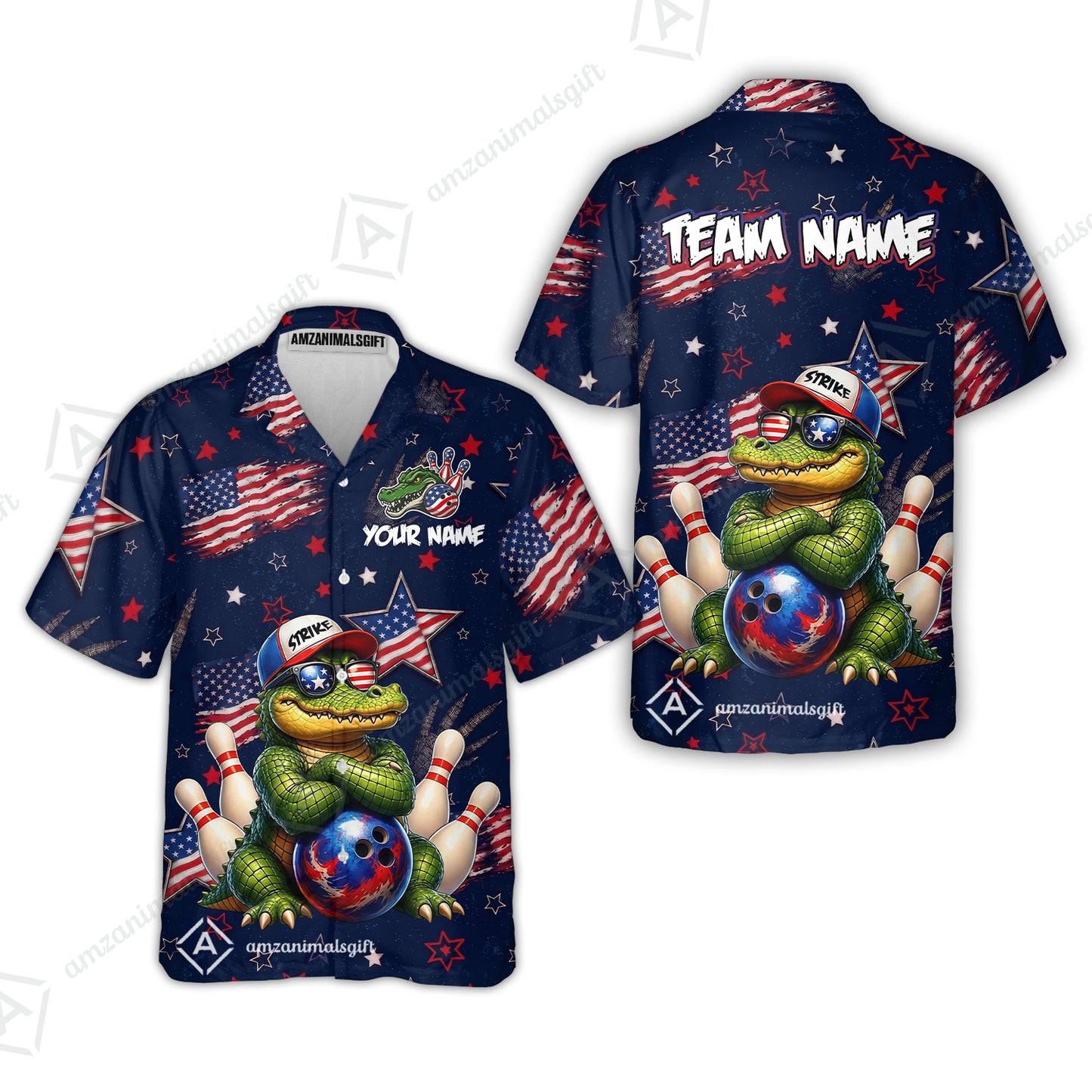 Custom Bowling Jersey Polo Shirt, Cool Patriotic Alligator Mascot, Custom Bowling Jersey Team Shirt For Players With Name and Team Name