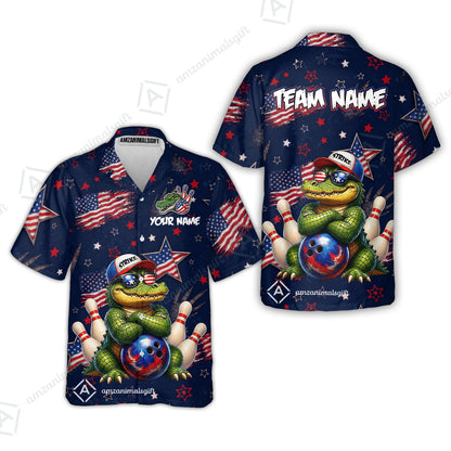 Custom Bowling Jersey Polo Shirt, Cool Patriotic Alligator Mascot, Custom Bowling Jersey Team Shirt For Players With Name and Team Name