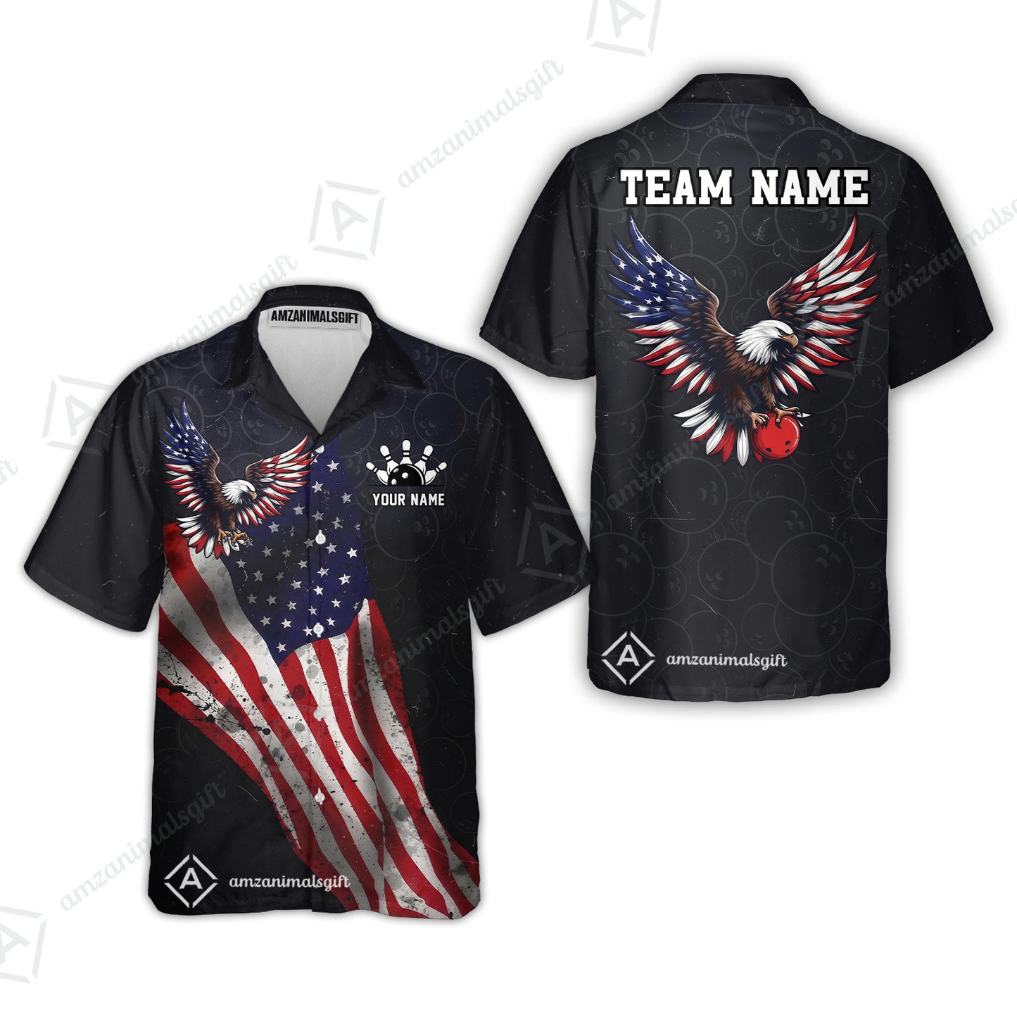 Custom Bowling Jersey Polo Shirt, USA Flag Draped Bald Eagle Strike, Custom Bowling Jersey Team Shirt For Players With Name & Team Name